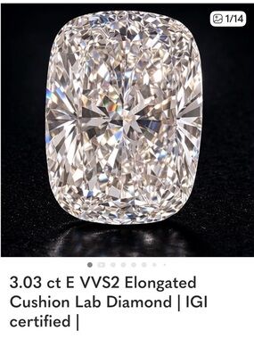 3.03ct Lab Diamond Elongated Cushion E VVS2 IGI Certified Loose Diamond Sparkly